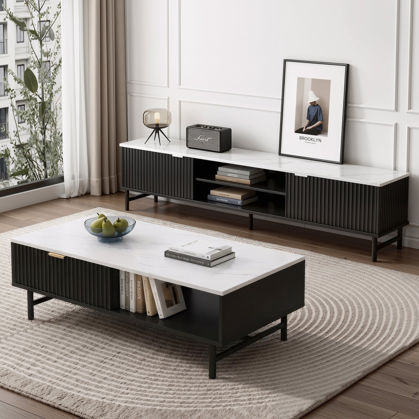Black retro TV unit and coffee table set with ribbed detailing, slim legs, and white marble top coffee table in a modern.