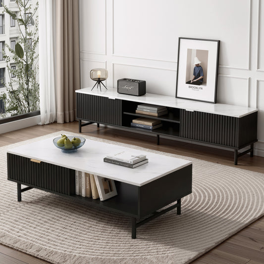 Black retro TV unit and coffee table set with ribbed detailing, slim legs, and white marble top coffee table in a modern.