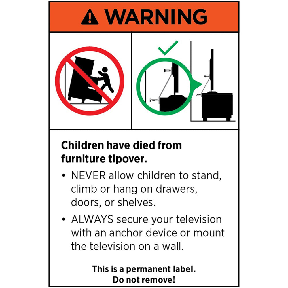 Warning label with red and green icons illustrating furniture tip-over risk and safe TV placement advice in black and orange .