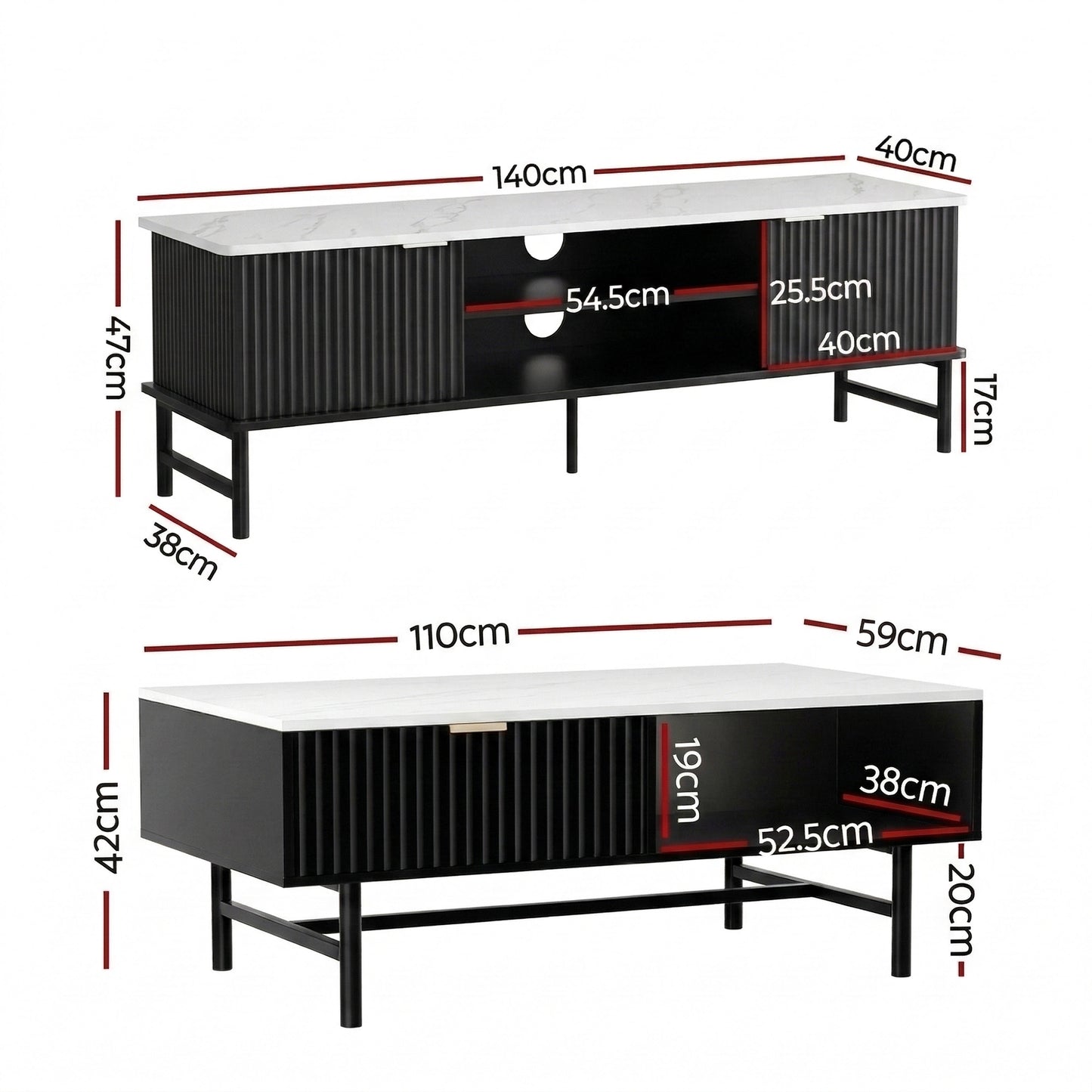 Black retro vintage TV unit and coffee table set with slatted wood texture, open shelves, and slim legs, ideal for stylish.
