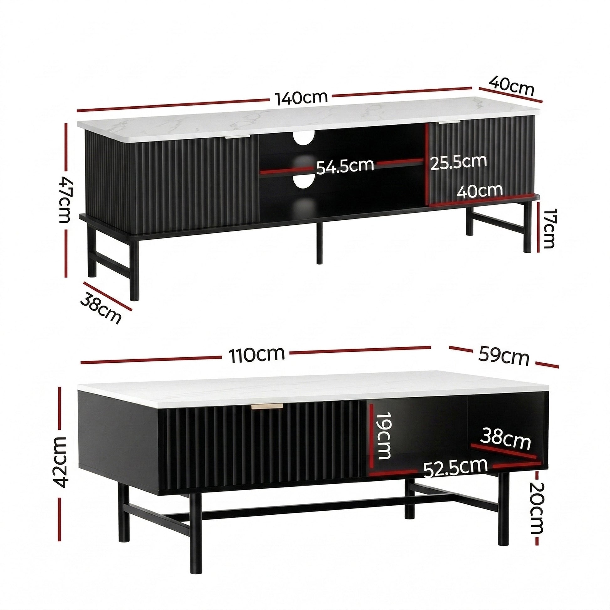 Black retro vintage TV unit and coffee table set with slatted wood texture, open shelves, and slim legs, ideal for stylish.