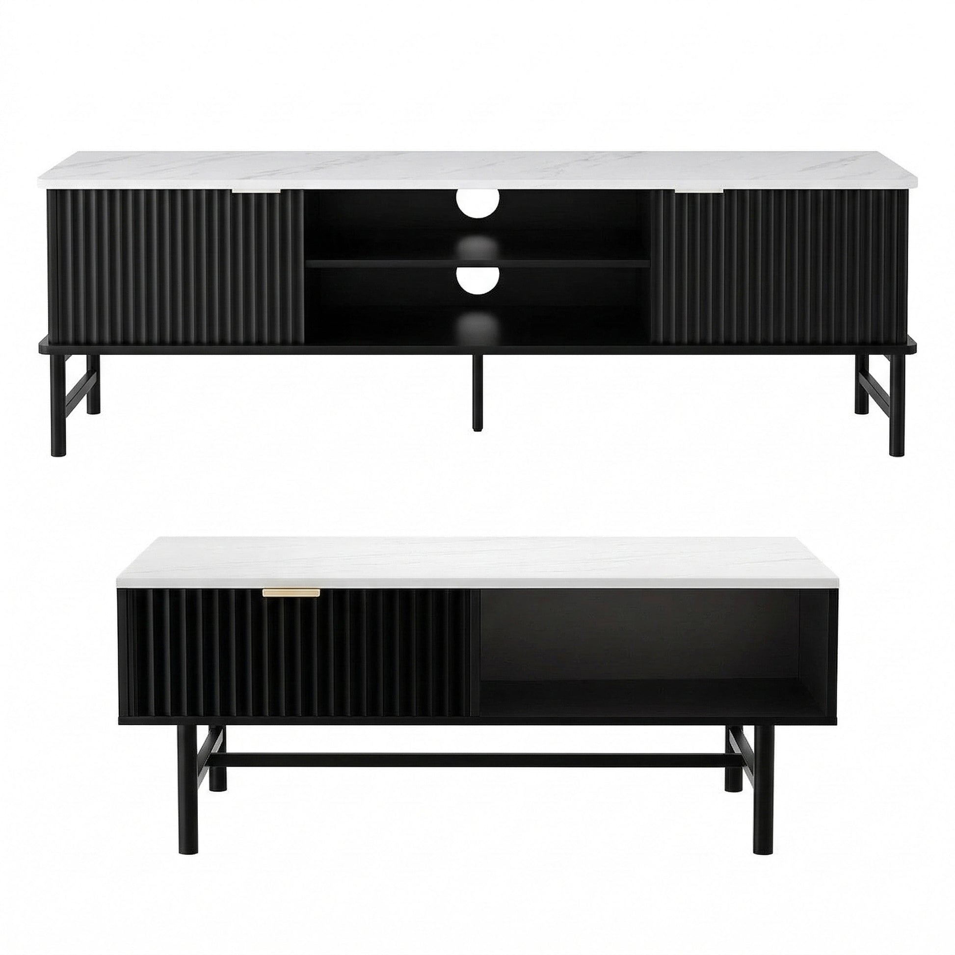 Black retro TV unit and coffee table set with vertical slat cabinet doors, open shelving, and slim metal legs in a modern.