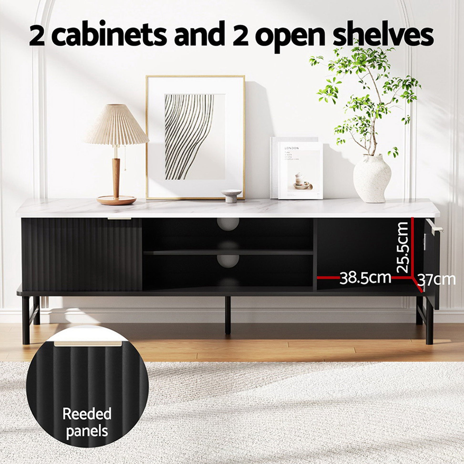 Black retro TV unit with two cabinets featuring reeded panel doors, two open shelves, and slim metal legs in a minimalist.