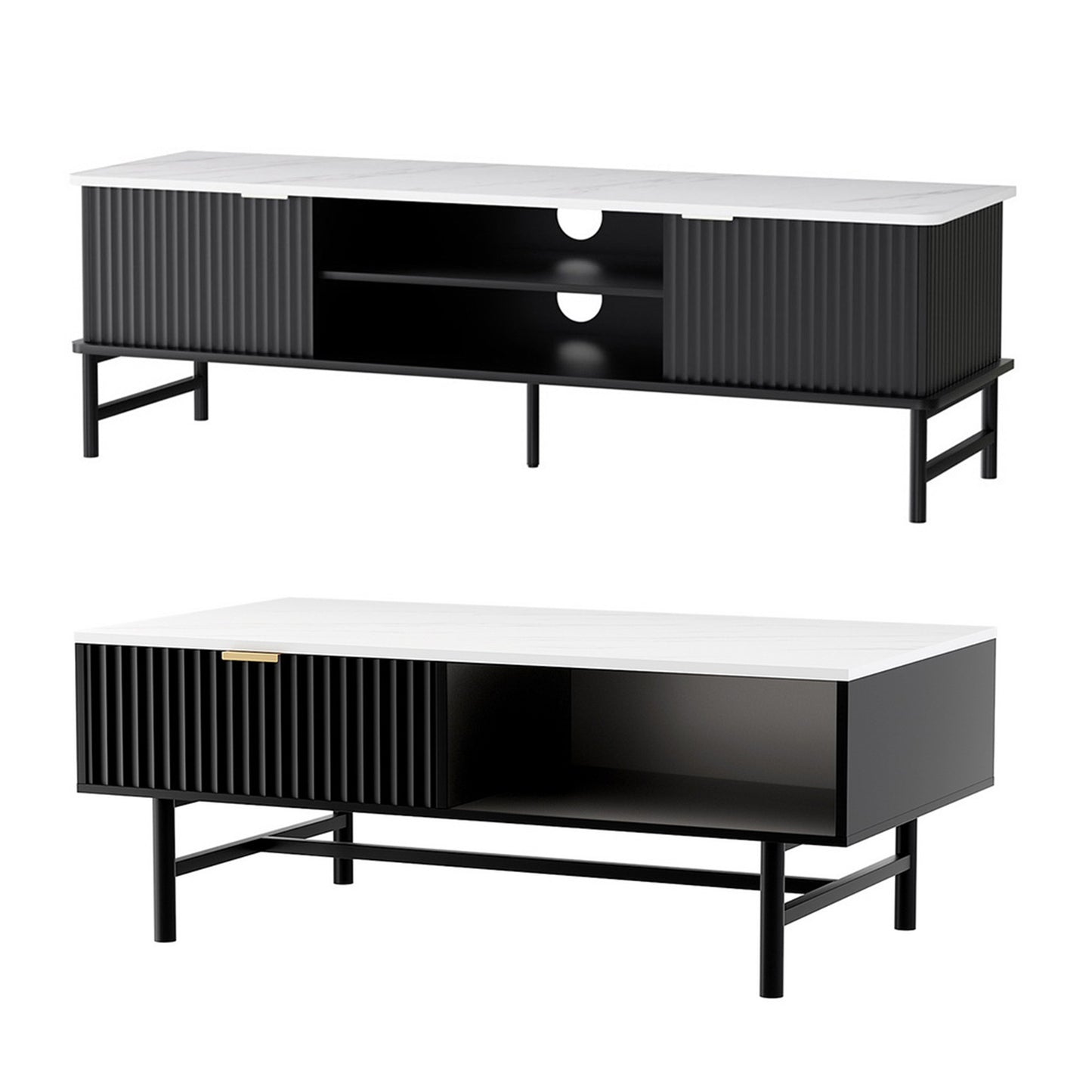 Black Artiss TV unit with ribbed front panel, white top, open storage shelf, and slim black metal legs, paired with matching .