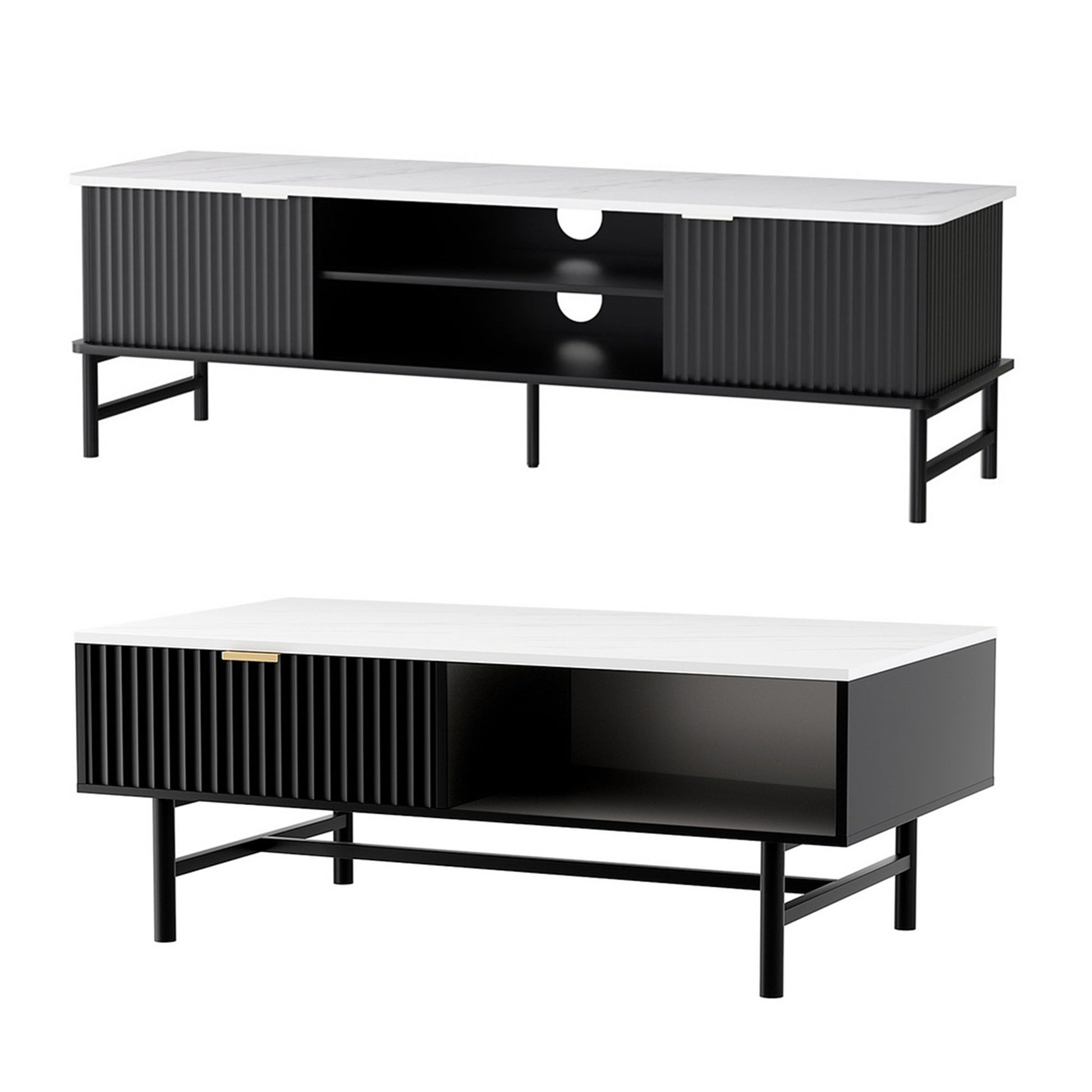 Black Artiss TV unit with ribbed front panel, white top, open storage shelf, and slim black metal legs, paired with matching .