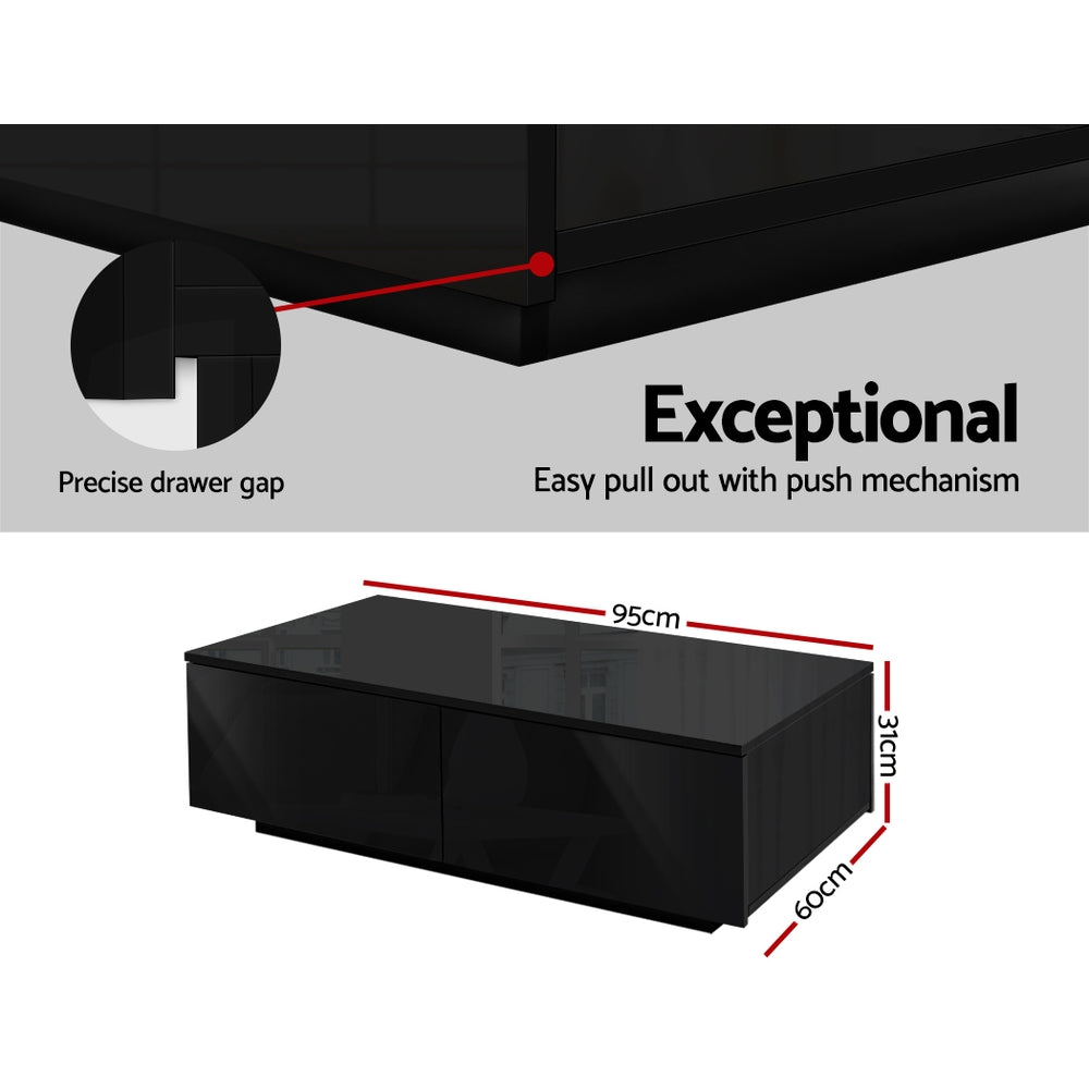 Black Artiss Coffee Table with four drawers, sleek modern design featuring push-to-open mechanism and precise drawer gaps,.