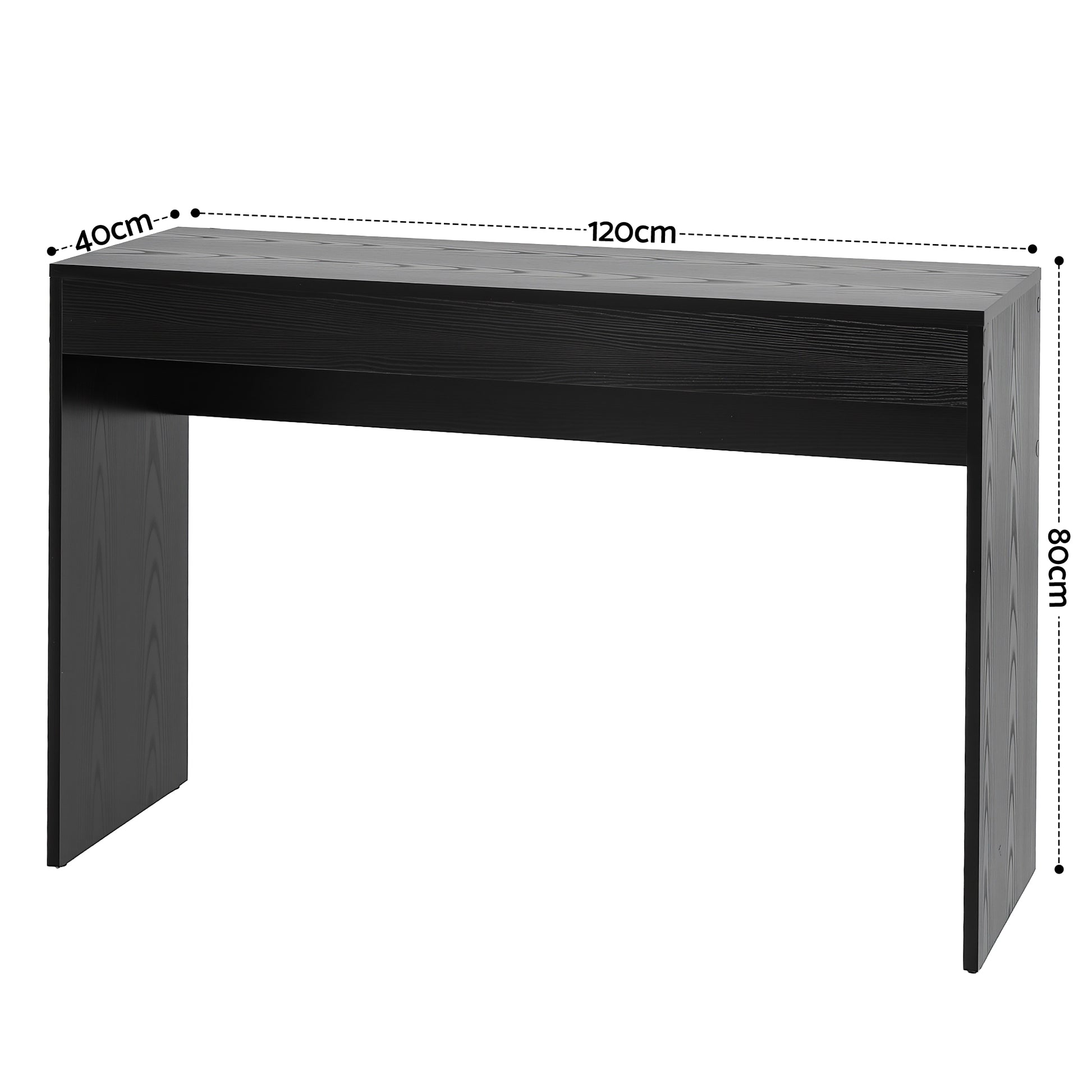 Black desk with dimensions labeled on a white background
