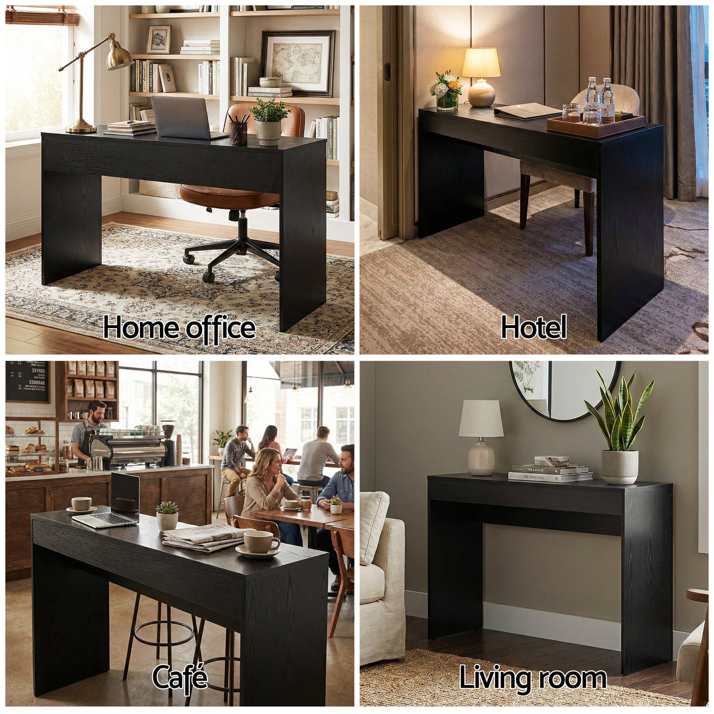 Collage of a black desk in various settings labeled 'Home office', 'Hotel', 'Café', and 'Living room'.