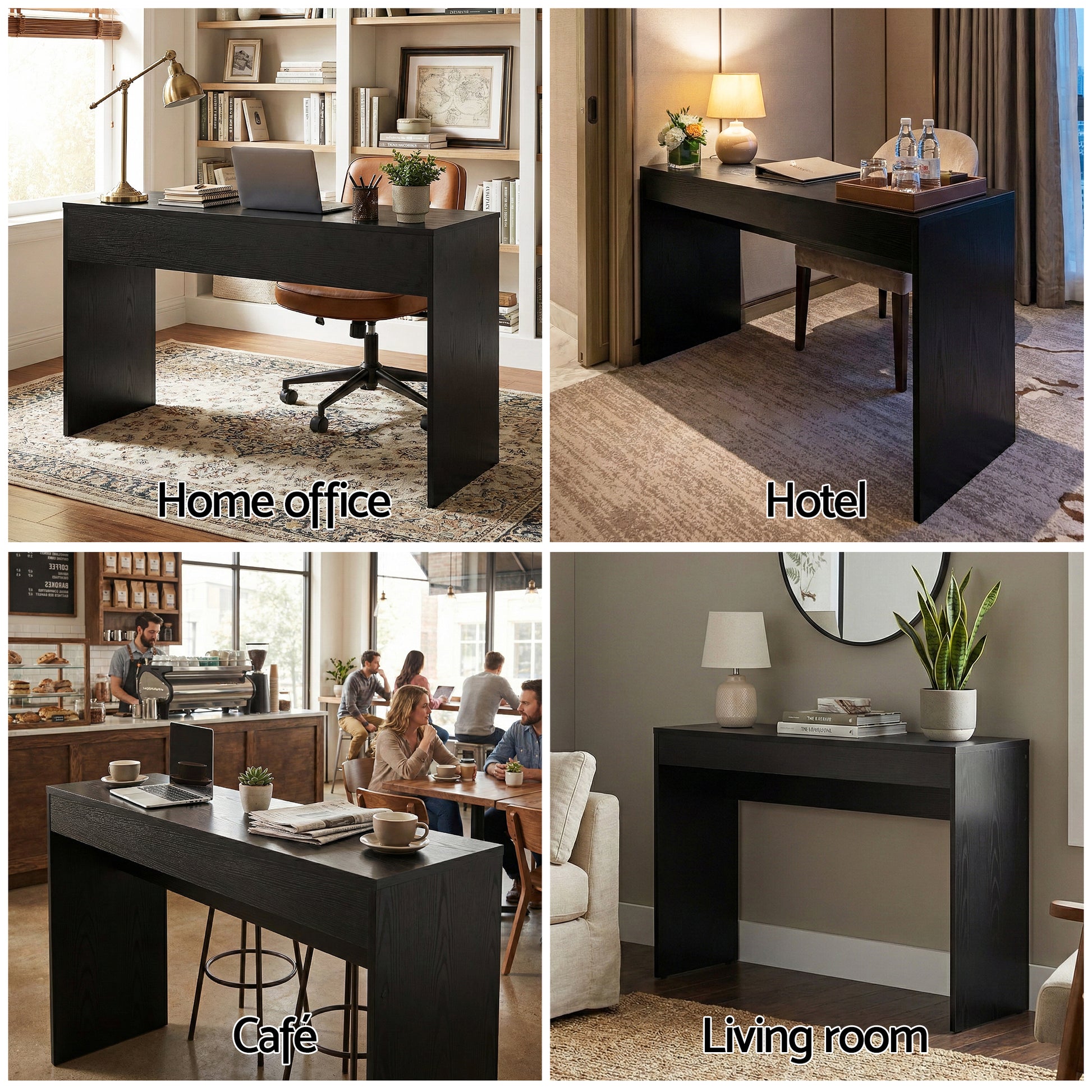 Collage of a black desk in various settings labeled 'Home office', 'Hotel', 'Café', and 'Living room'.