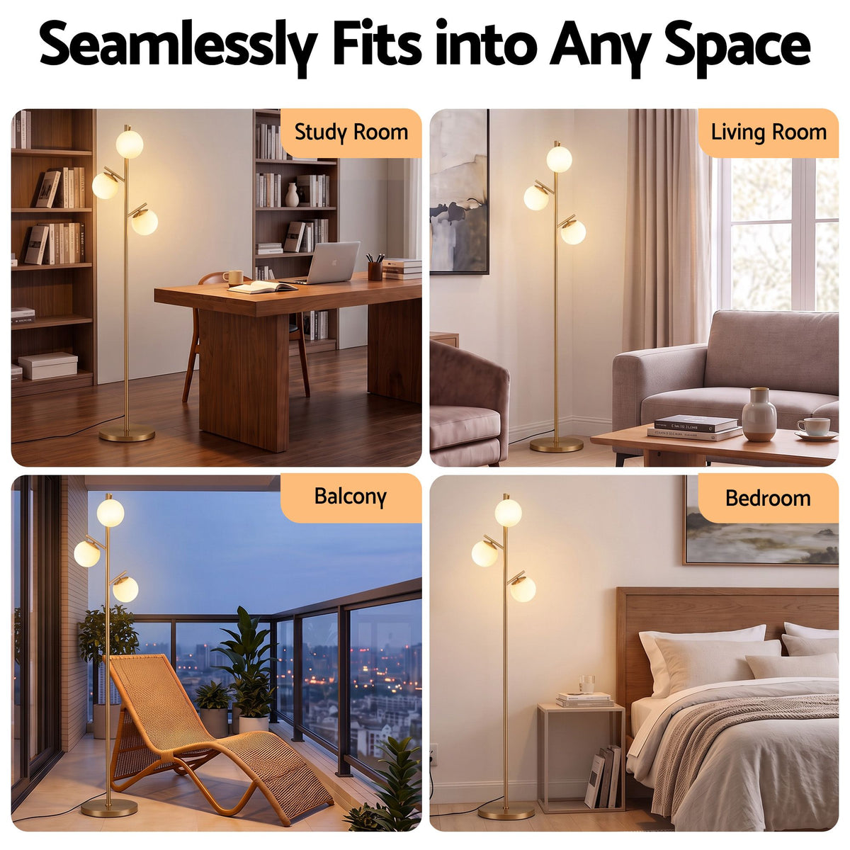 Artiss 3-Light Tree Floor Lamp 165cm Tall Standing Light with Sphere Glass Shades for Modern Homes