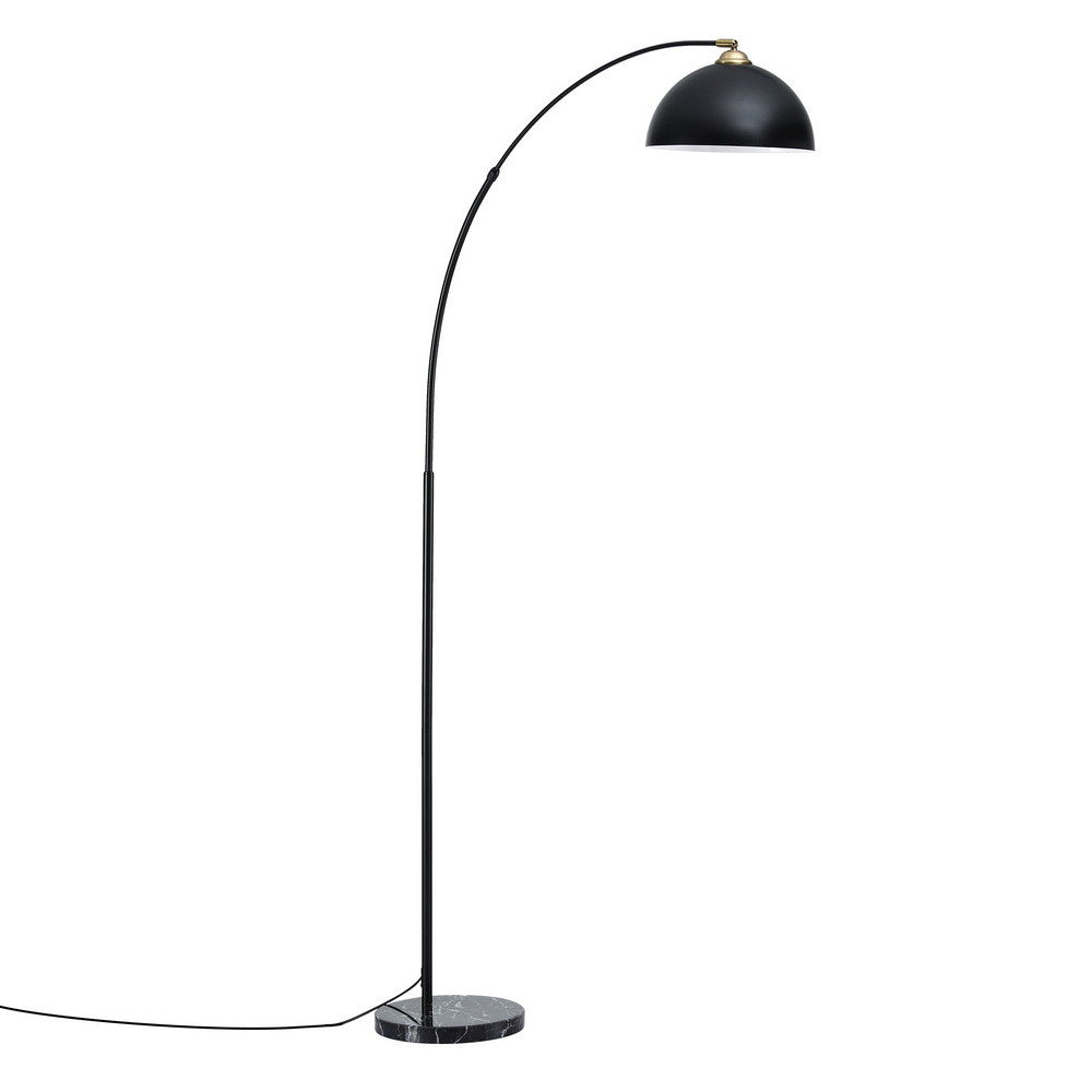 Black metal arched floor lamp with a heavy-duty round marble base, retro vintage style for Australia home decor.