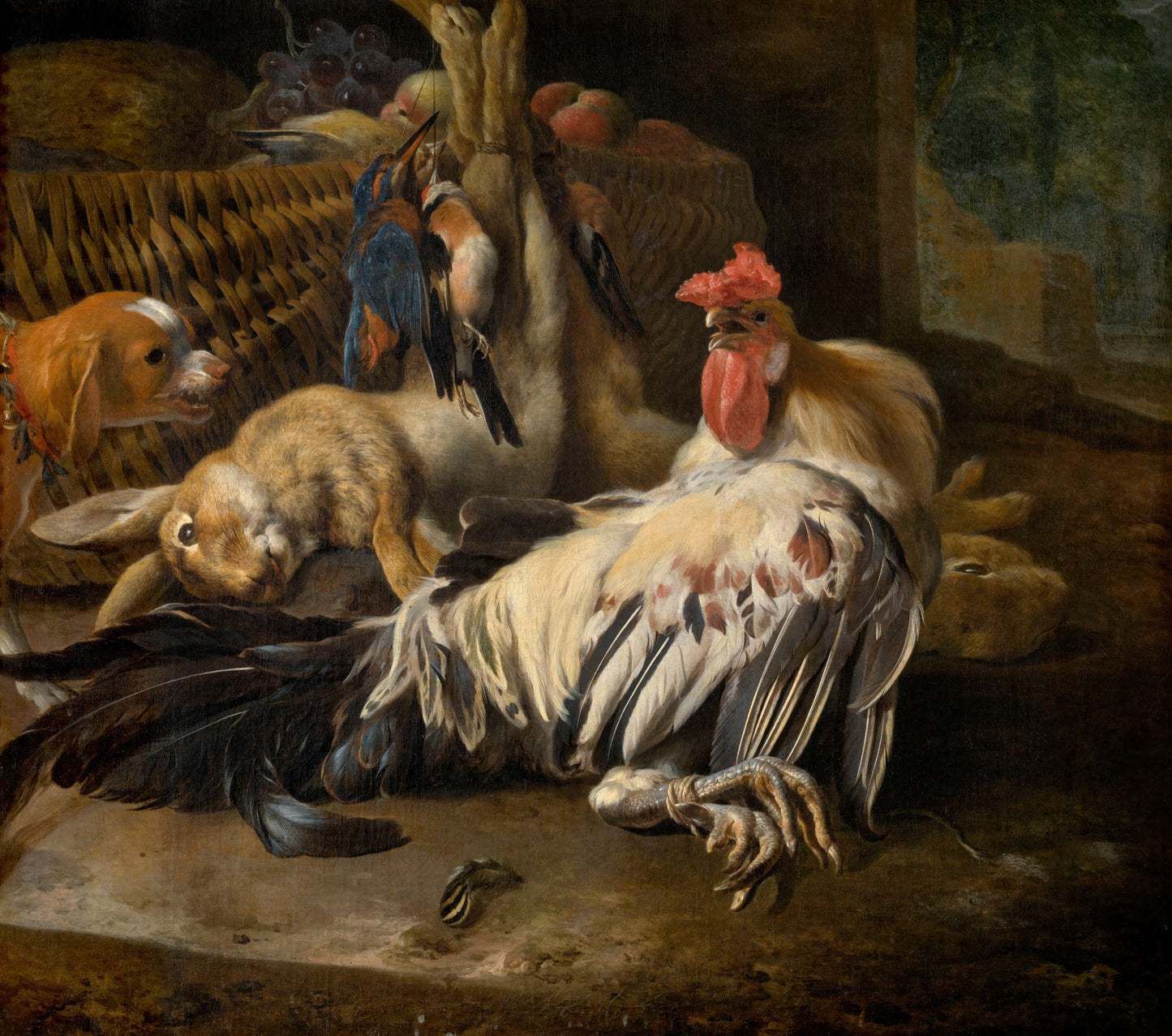 Painting of a rooster with rabbits and birds in a rustic setting