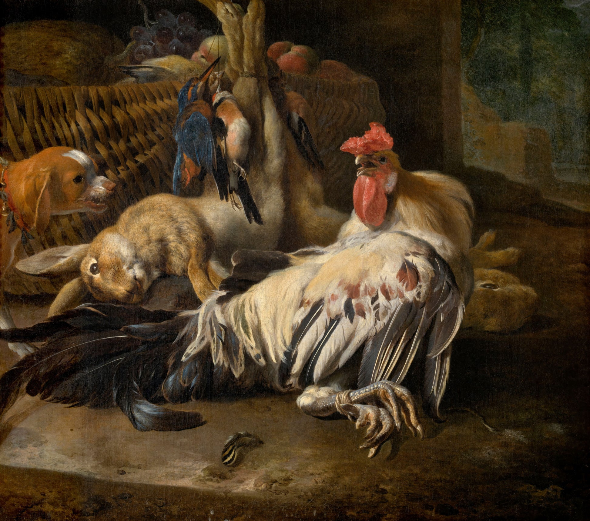 Painting of a rooster with rabbits and birds in a rustic setting