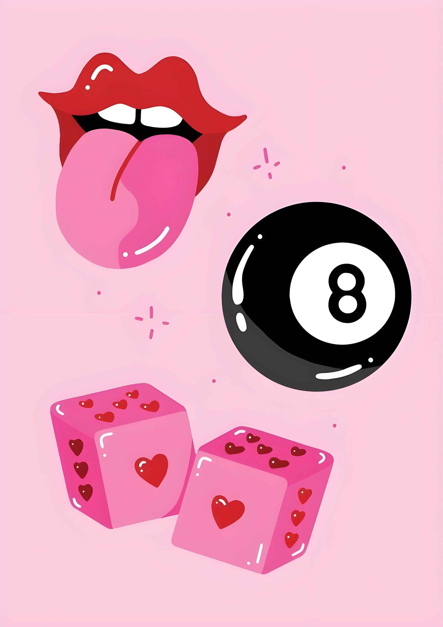 Retro Lucky Girl Wall Art Set of 4 | Pink 8-Ball, Peace Hand, Lucky You Playing Card & Good Times Ticket Gallery Wall Digital Download Bundle