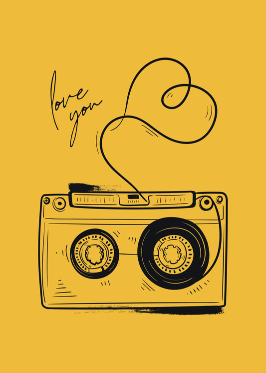 Doodle-style cassette tape with a heart on a yellow background and 'love you' text.
