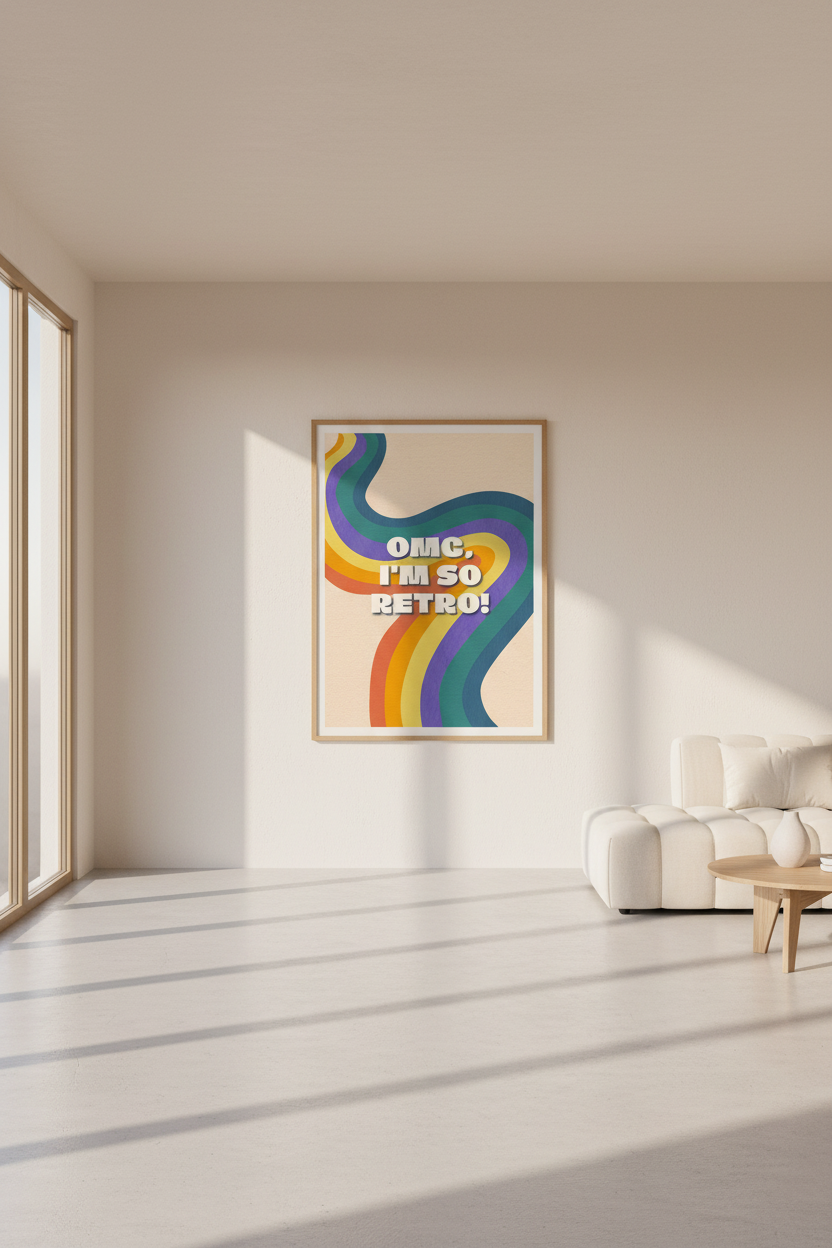 Retro Wall Art Print Set of 4 | Mid-Century Vintage Vinyl Record, Cassette, Rainbow & Boombox Digital Download Bundle