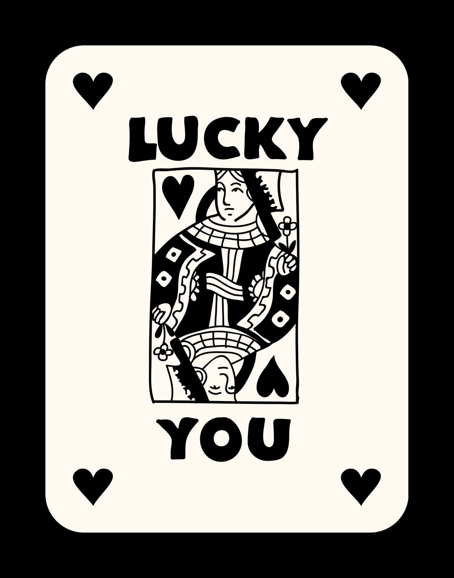 Playing card design with 'Lucky You' text and a black and white illustration of a person.