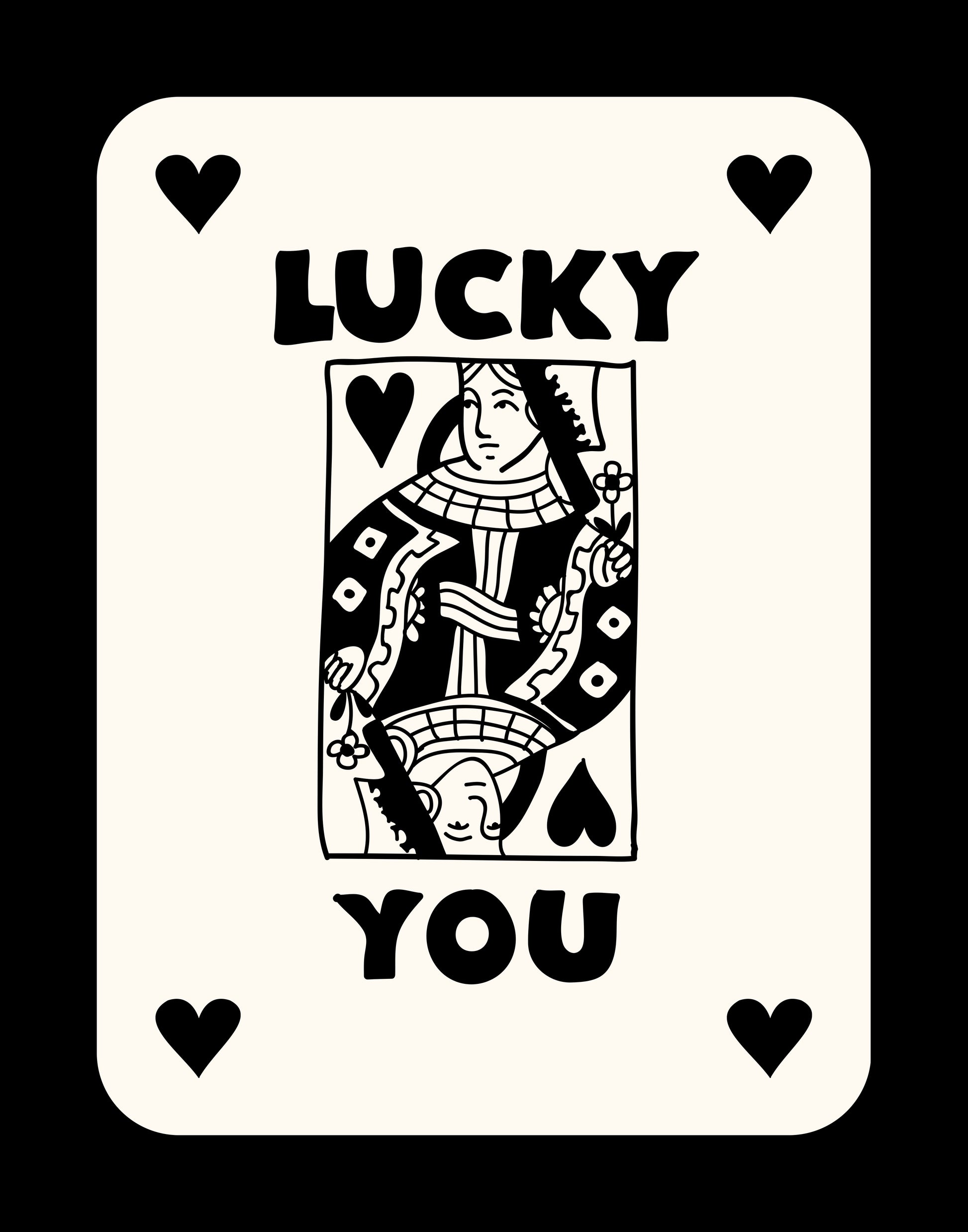 Playing card design with 'Lucky You' text and a black and white illustration of a person.