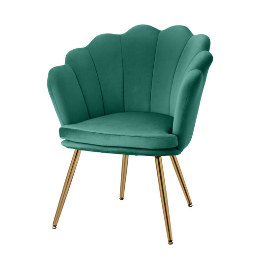 Green velvet armchair with scalloped shell-back design and tapered gold metal legs, retro vintage style for Australia home.