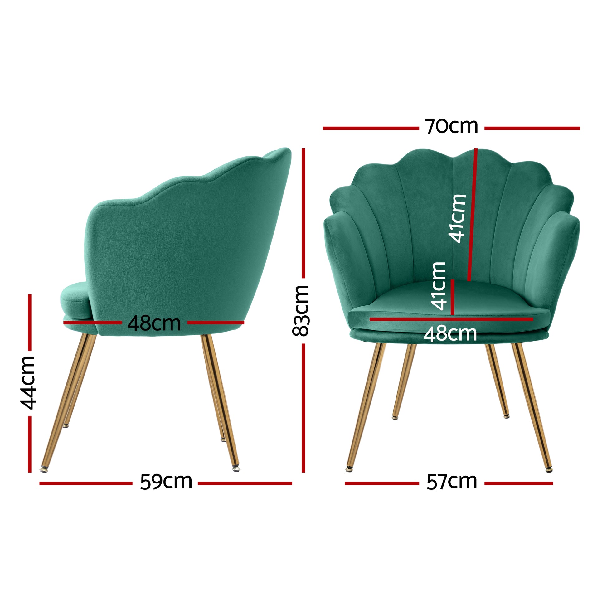 Green velvet Artiss Callista armchair with retro scalloped backrest, gold tapered legs, shown with detailed measurements in.