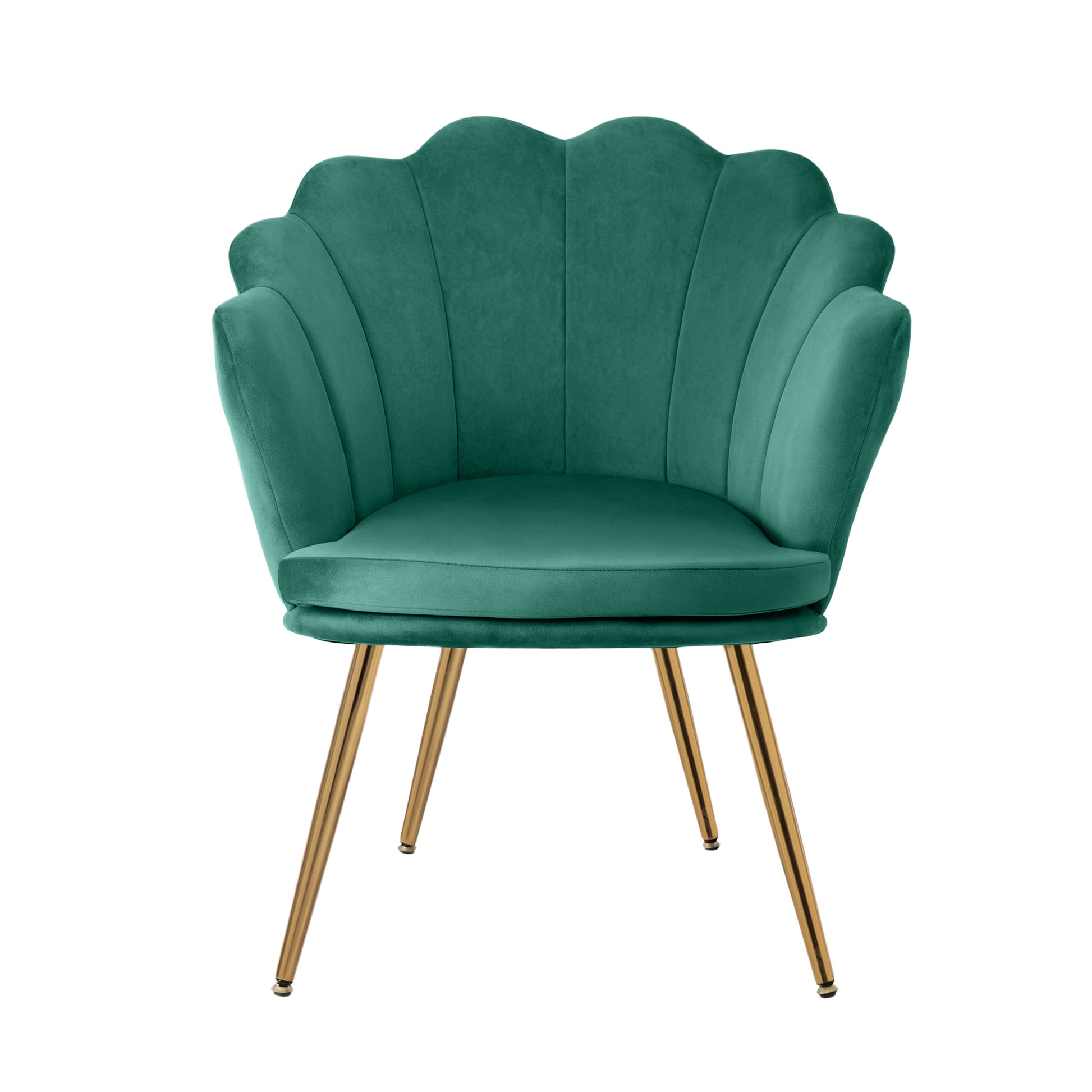 Vintage-inspired green velvet armchair with scalloped shell back and tapered gold metal legs, perfect for retro home decor.