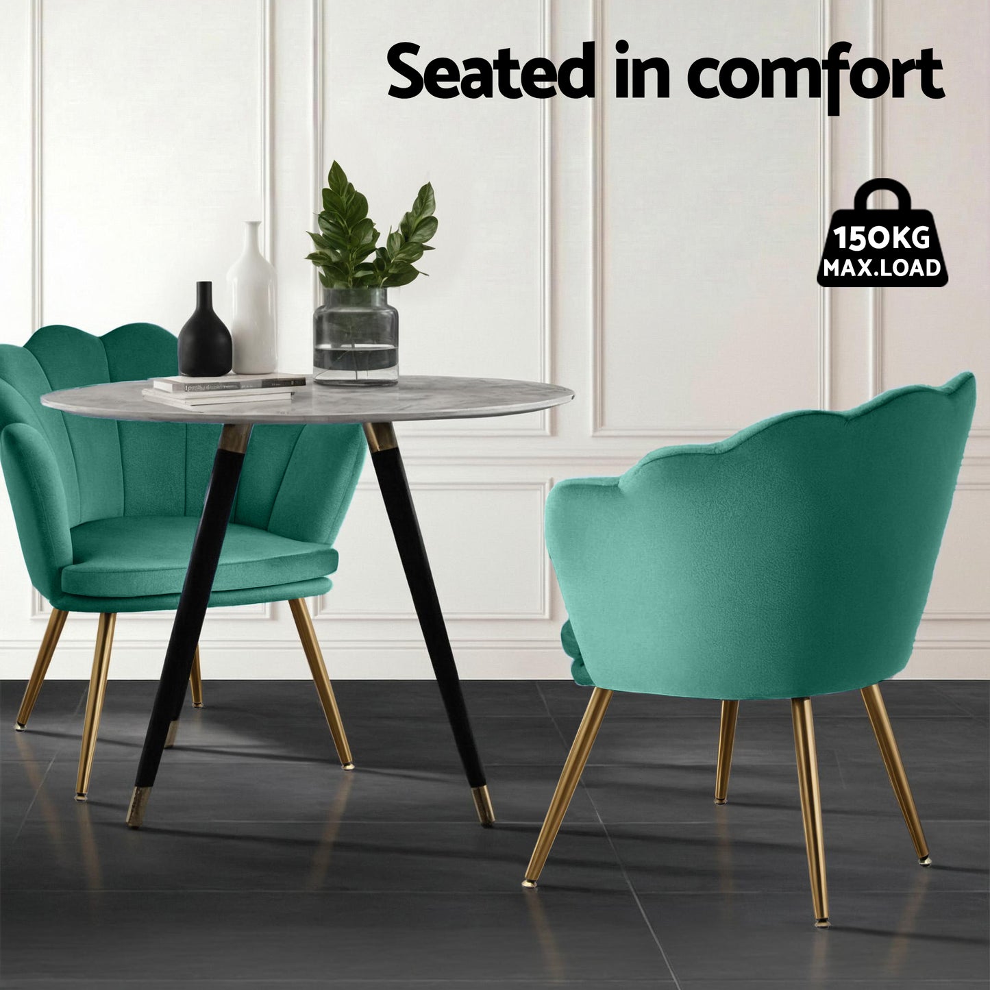 Retro green velvet Artiss Armchair Callista with scalloped back and gold tapered legs in a stylish Australian home decor.