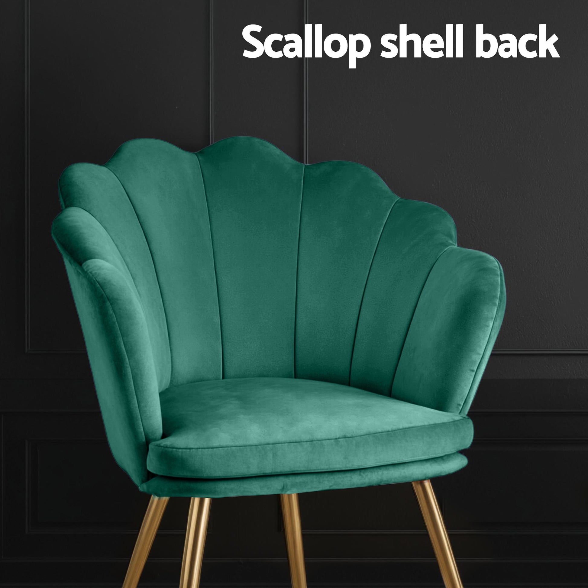 Green velvet armchair with scallop shell back, retro vintage style, gold metal legs, elegant home decor in modern dark room.