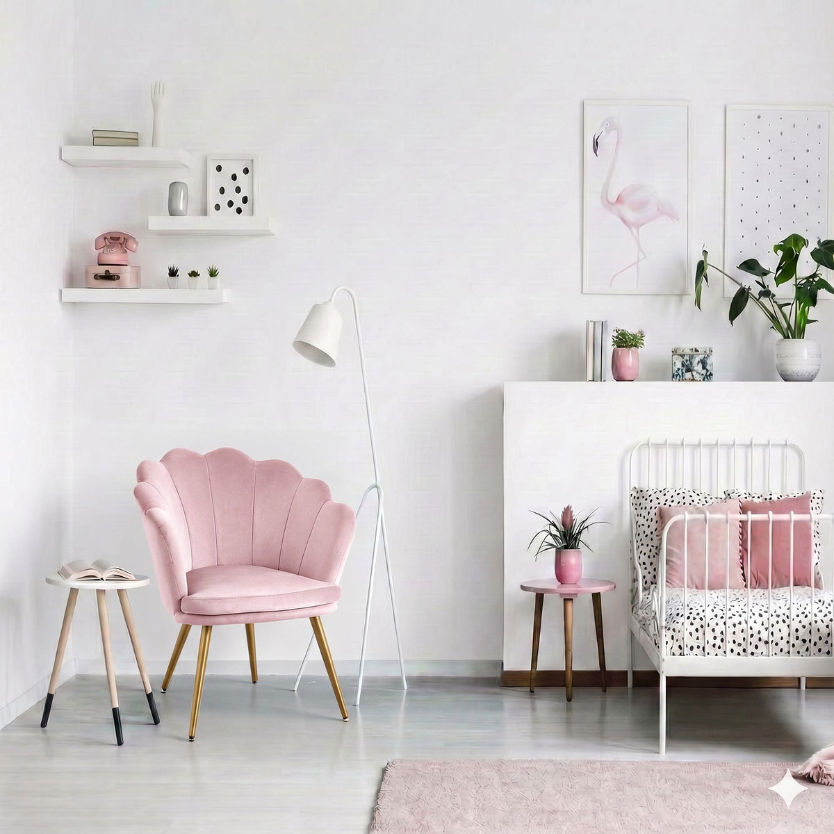 ‘The Callista’ Art Deco Shell Back Armchair – Blush Pink Velvet