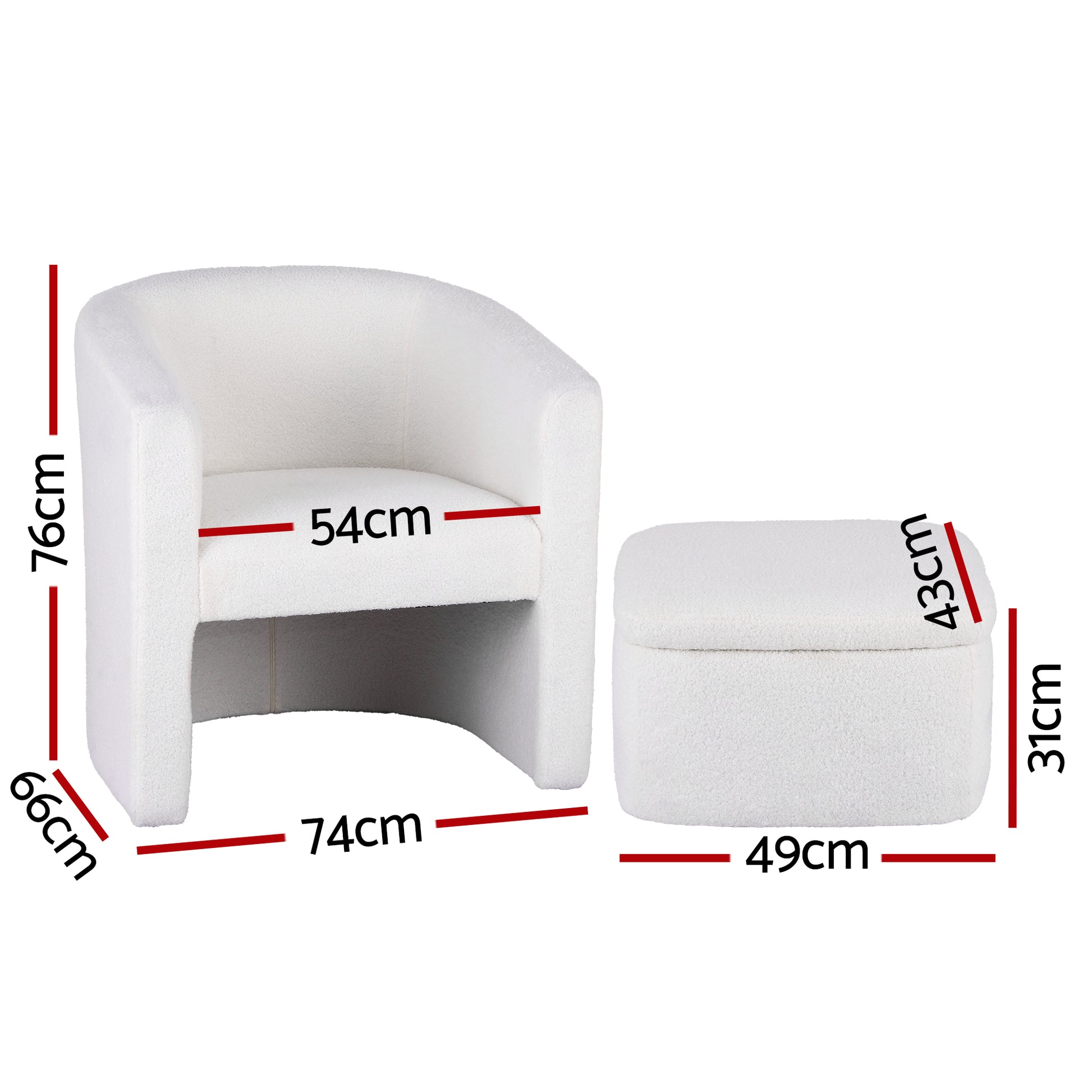 White boucle armchair with curved backrest and open base, paired with matching rectangular ottoman with storage, both.