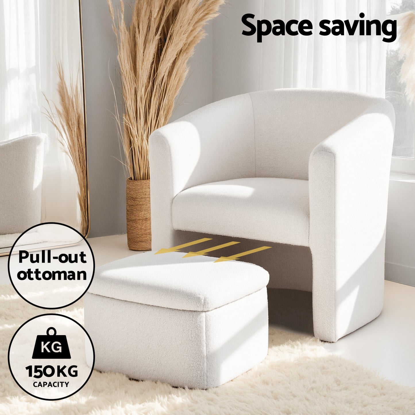 Artiss Armchair Accent Chair w/Ottoman Lounge Footrest Storage Boucle White image