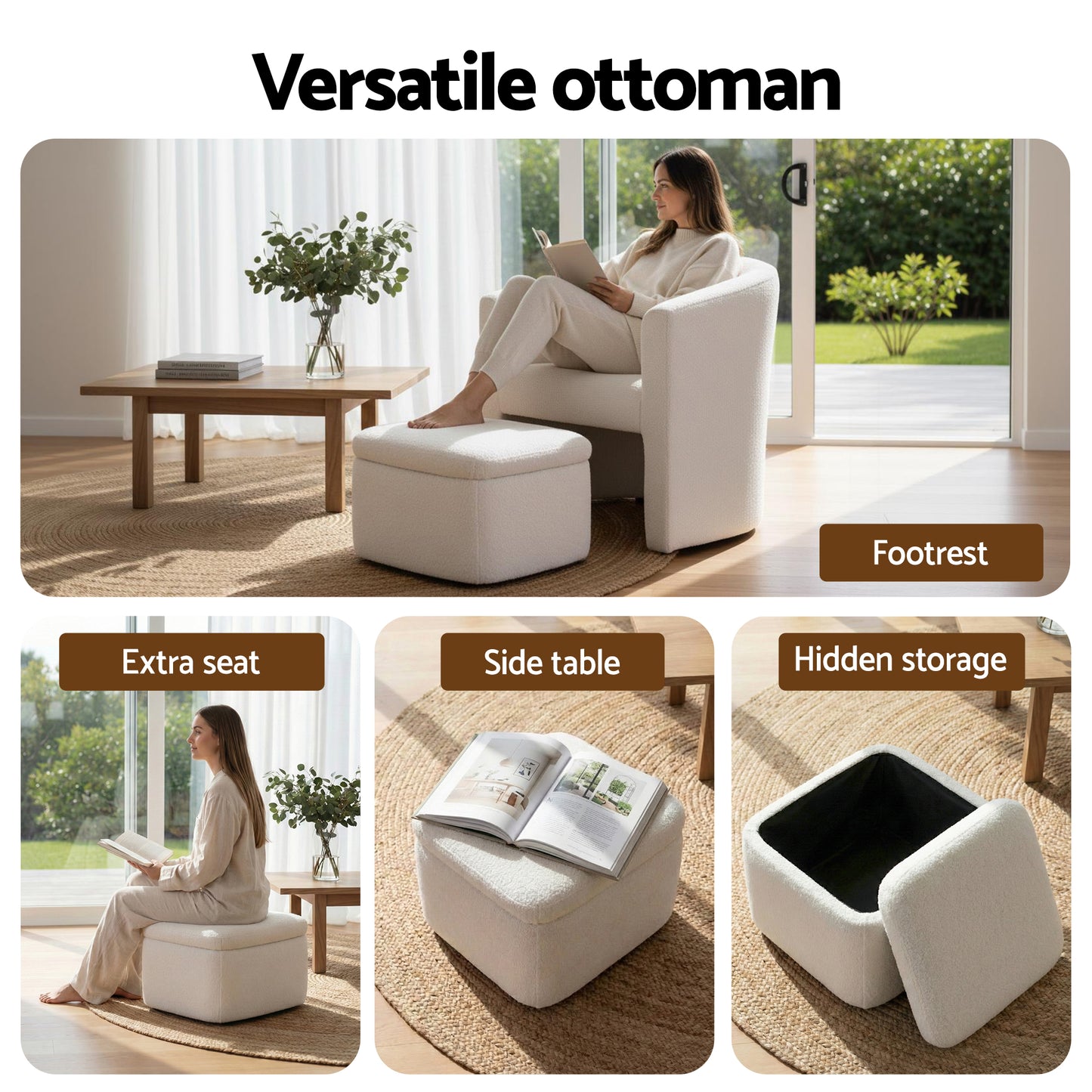 Artiss Armchair Accent Chair w/Ottoman Lounge Footrest Storage Boucle White image
