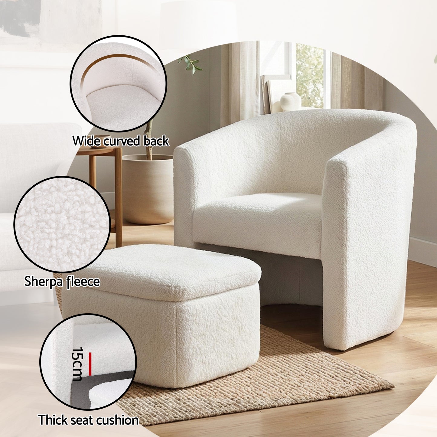 Artiss Armchair Accent Chair w/Ottoman Lounge Footrest Storage Boucle White image