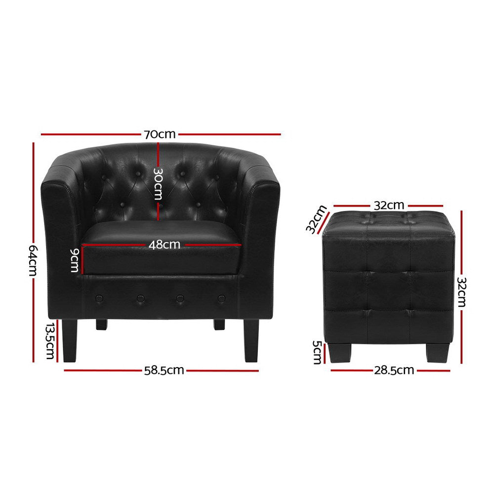 Black tufted armchair and ottoman with dimensions on a white background