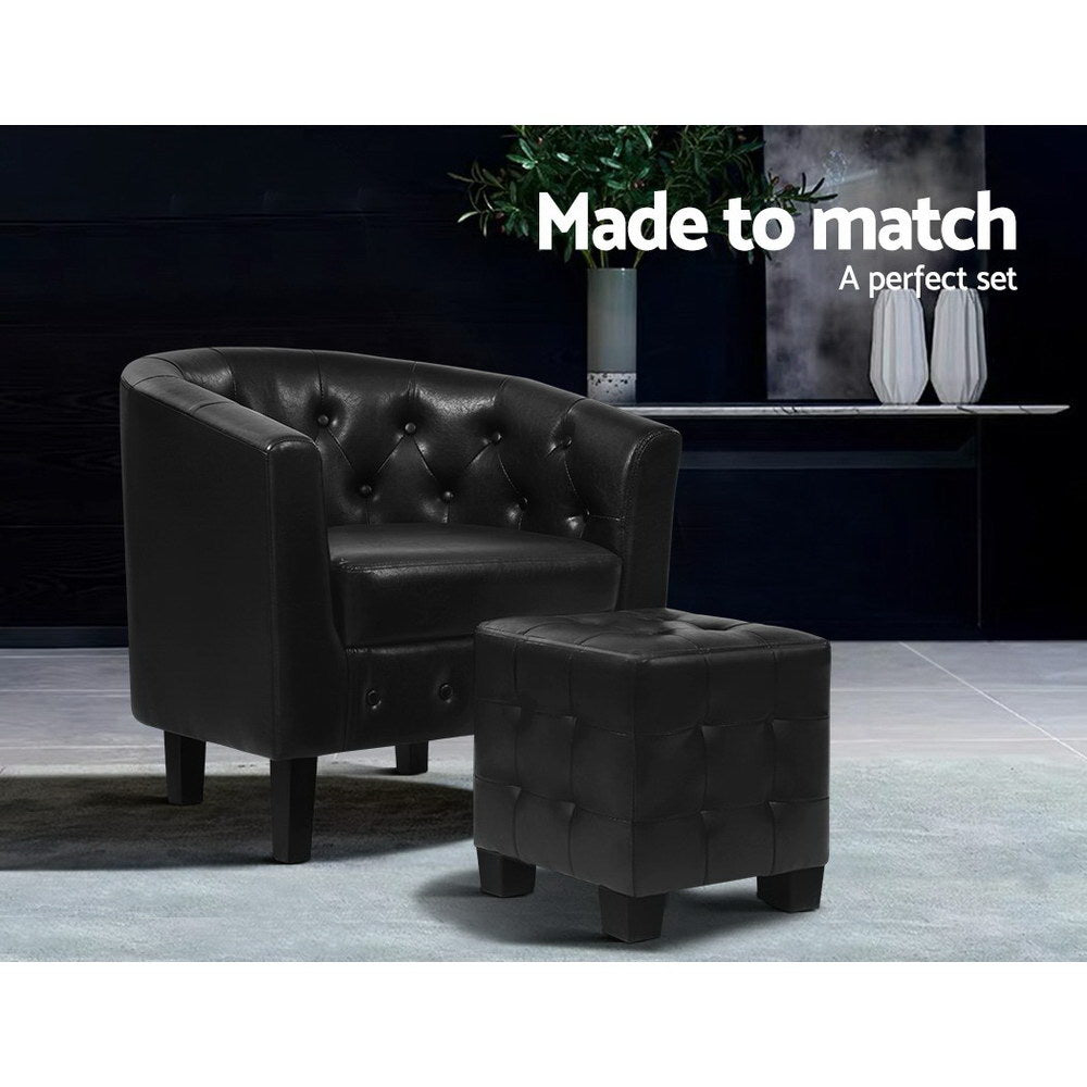 Black leather armchair and ottoman set with 'Made to match' text on a dark background.