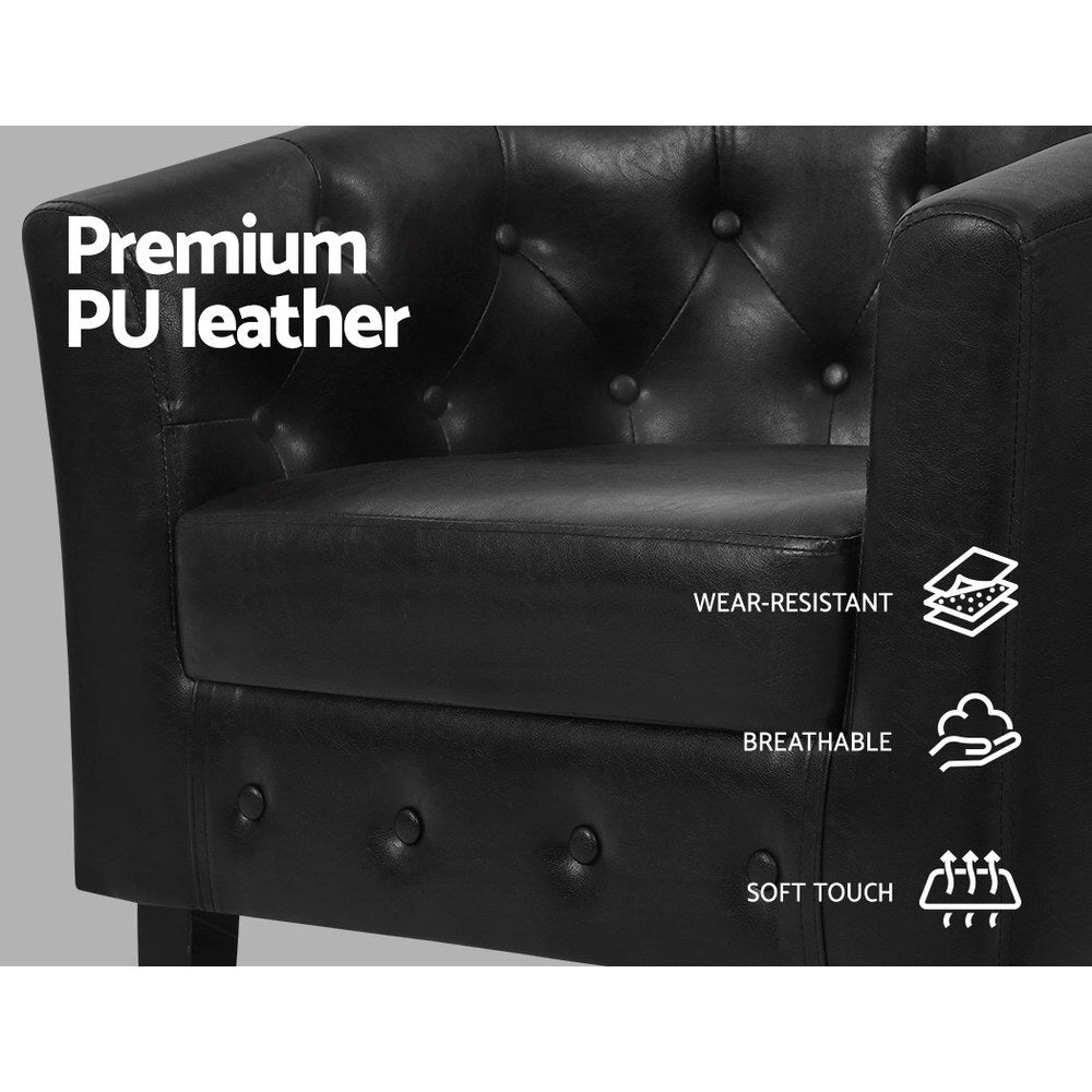 Black leather armchair with text highlighting premium PU leather features on a gray background
