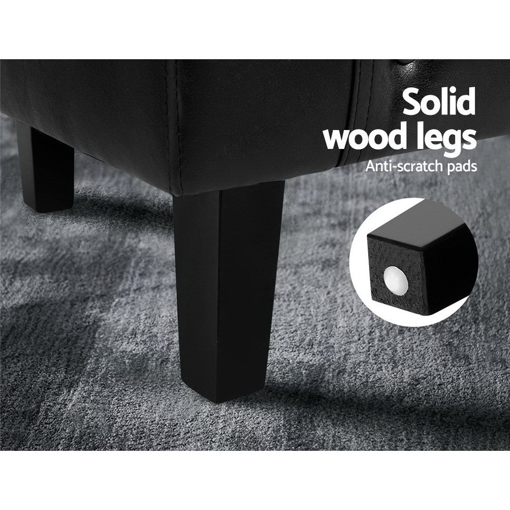 Solid wood legs with anti-scratch pads on a carpeted floor