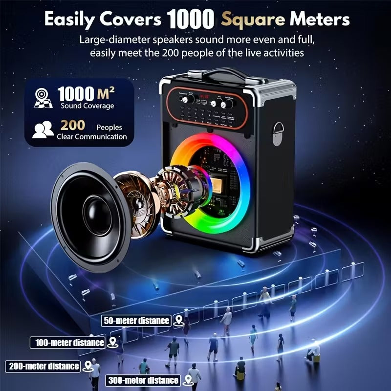 Retro wireless karaoke machine with dual microphones, black velvet finish and colorful LED ring, shown emitting sound waves.