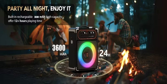 Wireless karaoke machine with dual microphones, glowing RGB speaker, retro vintage design with velvet texture, outdoor.