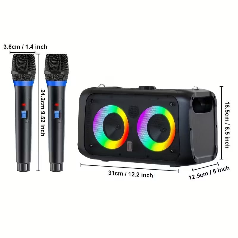 Black portable karaoke speaker with dual colorful LED ring lights, paired with two sleek wireless microphones, set against a .