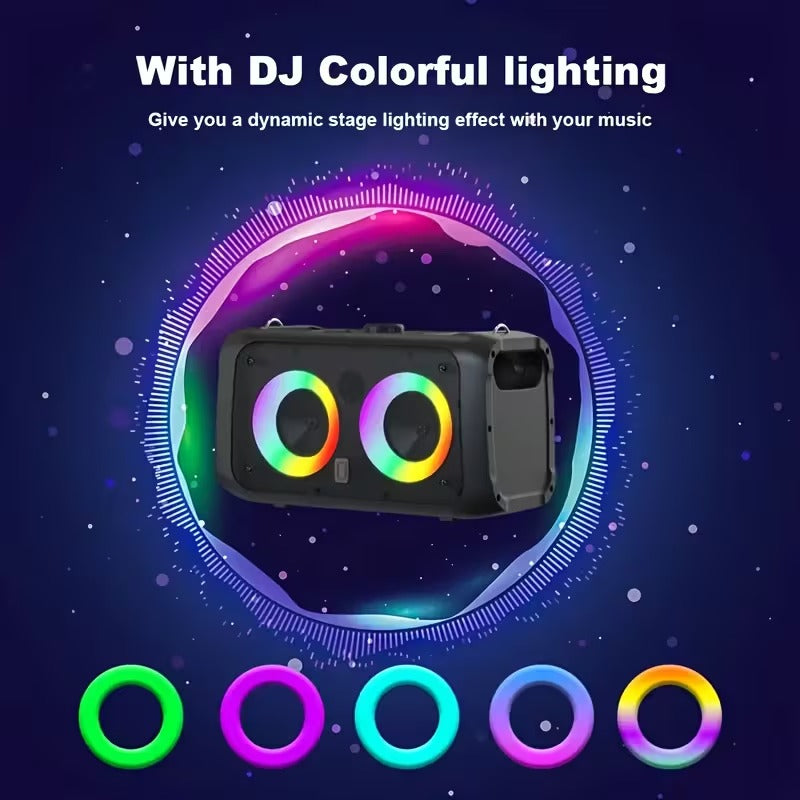Portable retro karaoke speaker with vibrant DJ-style multicolored LED ring lighting on black vintage casing, designed for.