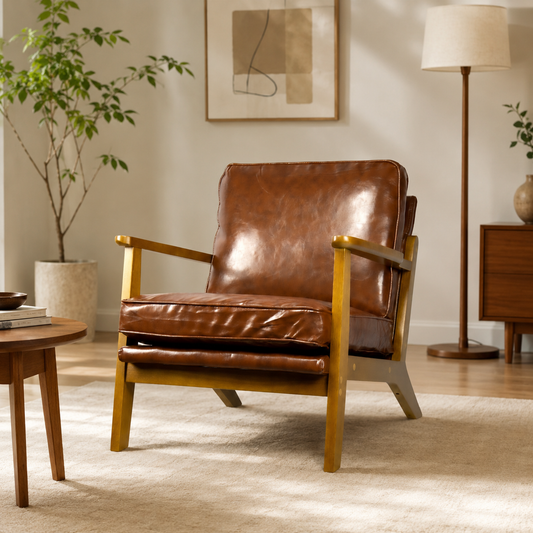 Brown leather armchair in a living room setting with a lamp and plant.