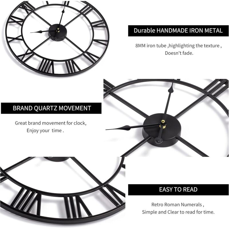 Black wall clock with Roman numerals and text highlighting features on a white background