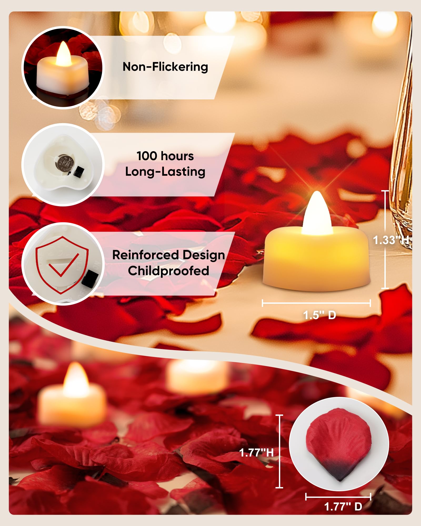 Set of 24 heart-shaped velvet LED tea lights in deep red, arranged on rose petals, creating a vintage, retro-inspired.