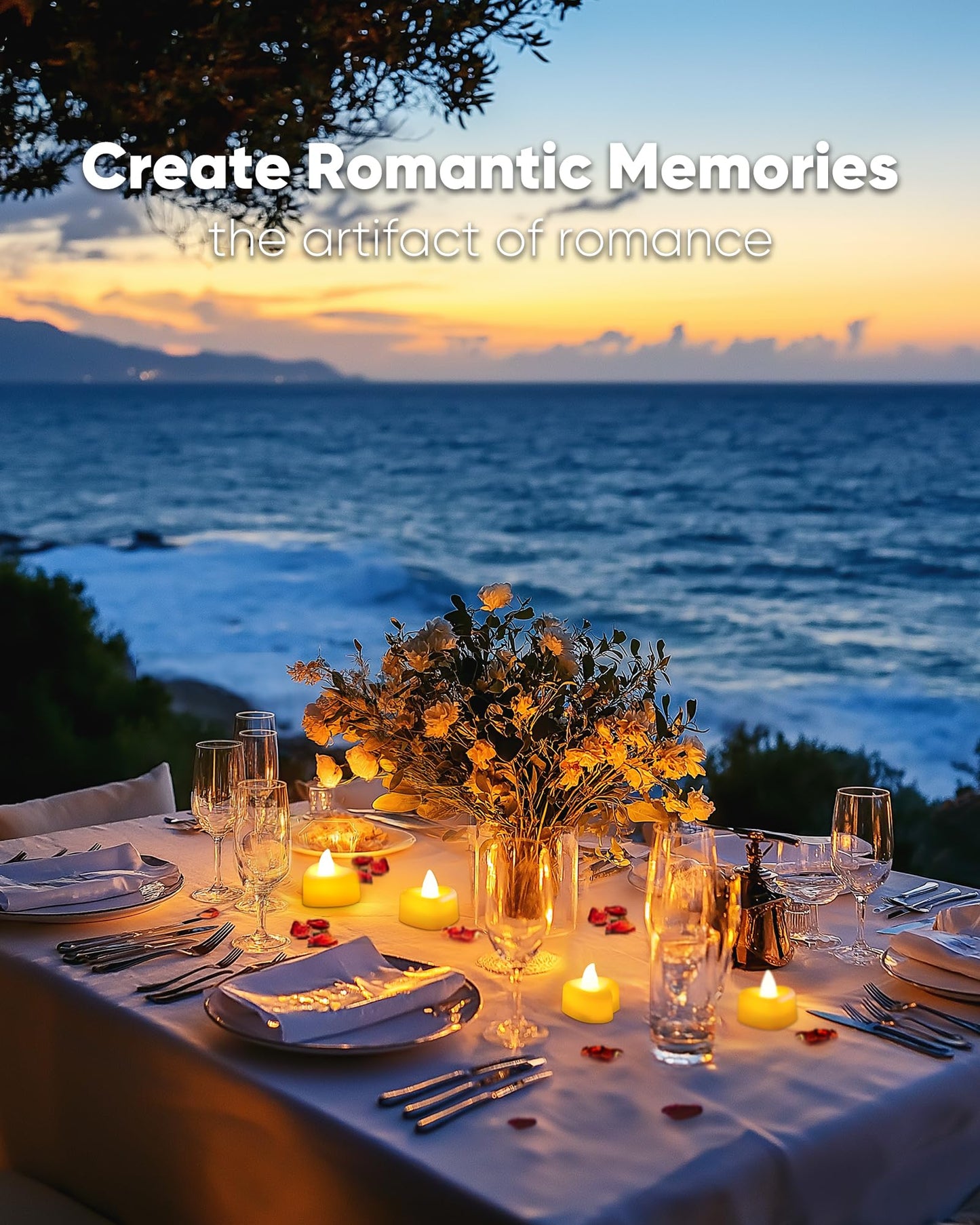 Romantic outdoor dinner setup at sunset with vintage velvet accents and 24 heart-shaped rose petal LED candles on a table.
