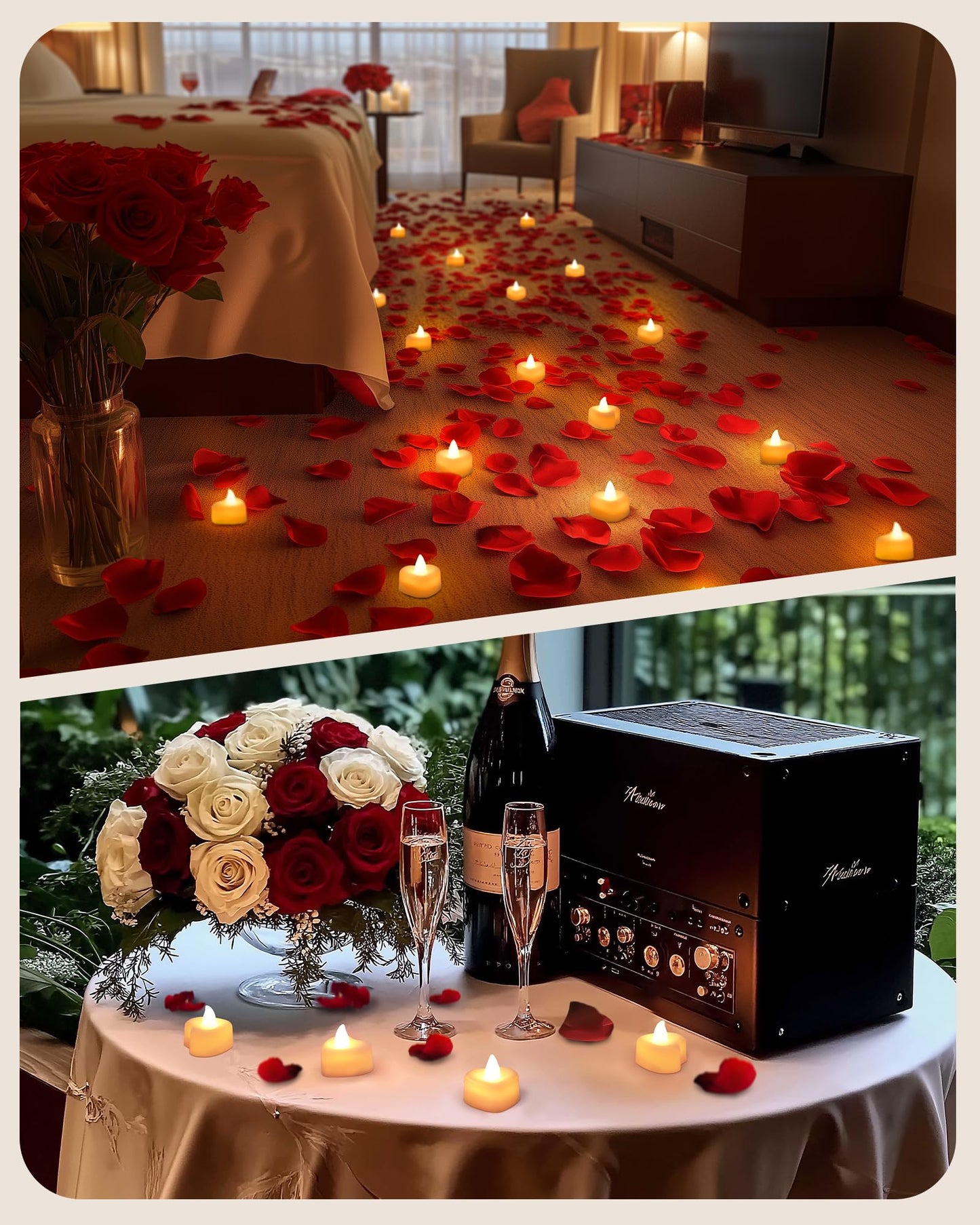 Romantic bedroom setting with 24 heart-shaped velvet LED candles and scattered rose petals creating warm vintage home decor.