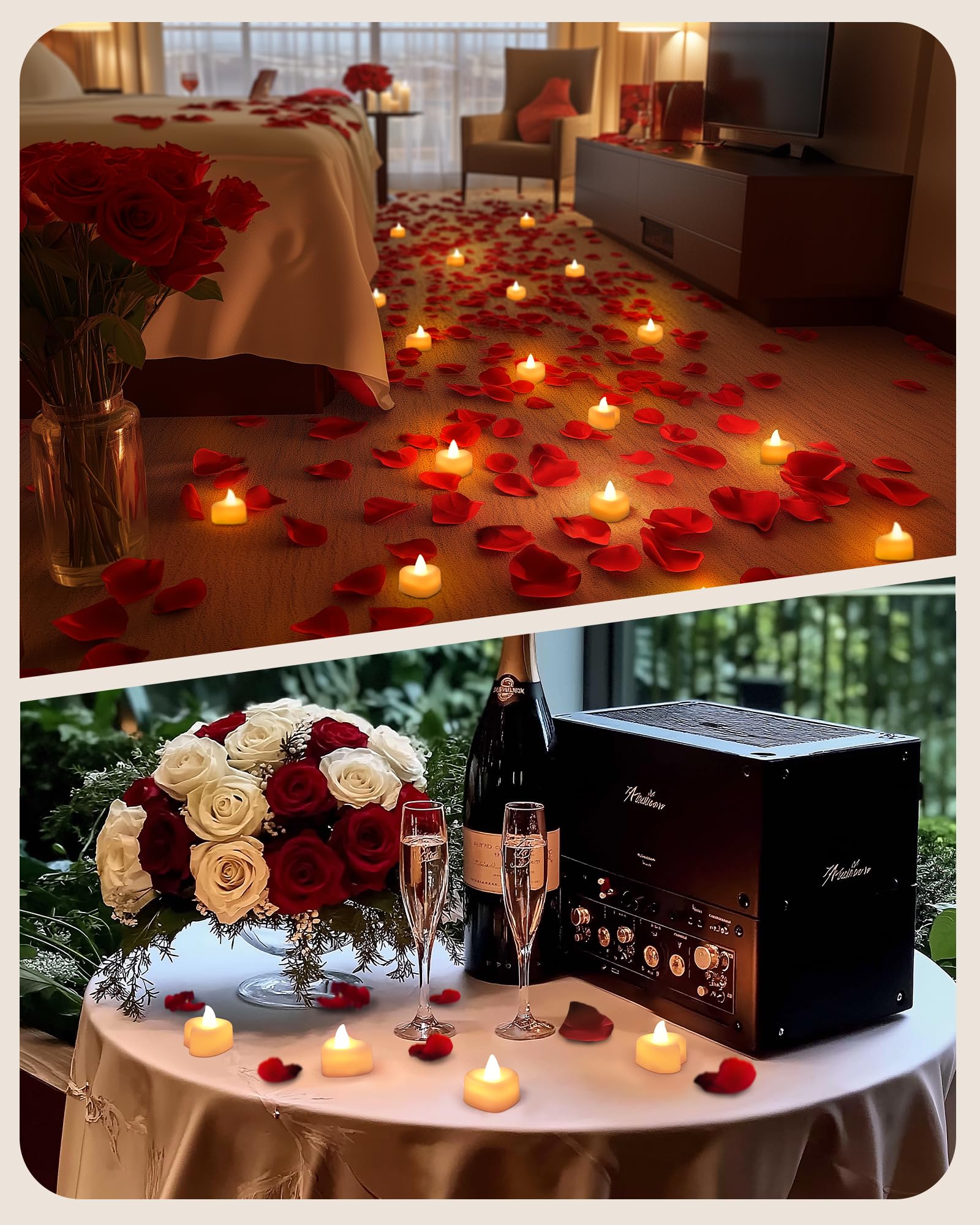 Romantic bedroom setting with 24 heart-shaped velvet LED candles and scattered rose petals creating warm vintage home decor.