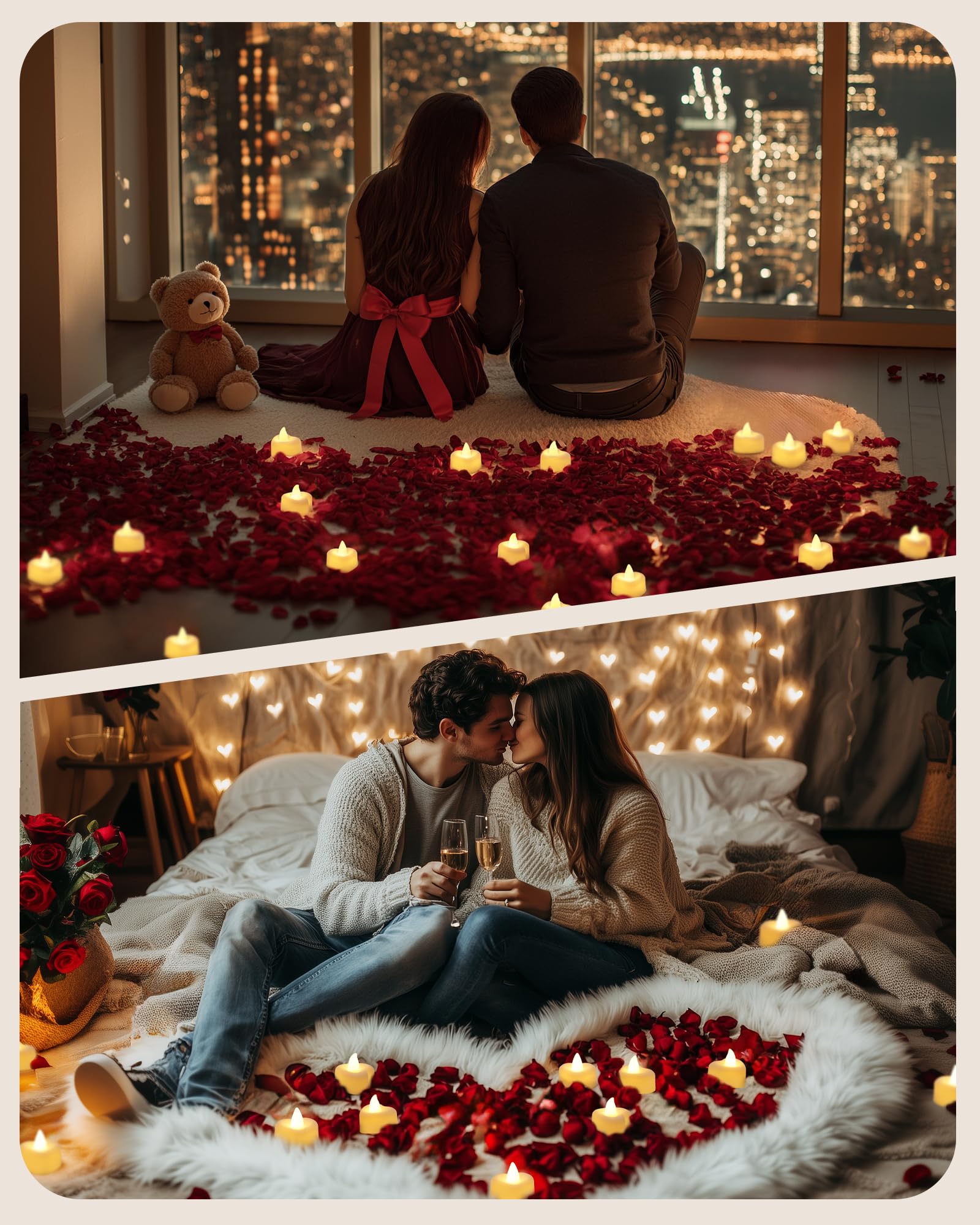 Romantic vintage bedroom setting with a couple surrounded by rose petal velvet LED candles and warm fairy lights, cozy retro .