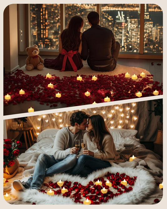 Romantic vintage bedroom setting with a couple surrounded by rose petal velvet LED candles and warm fairy lights, cozy retro .