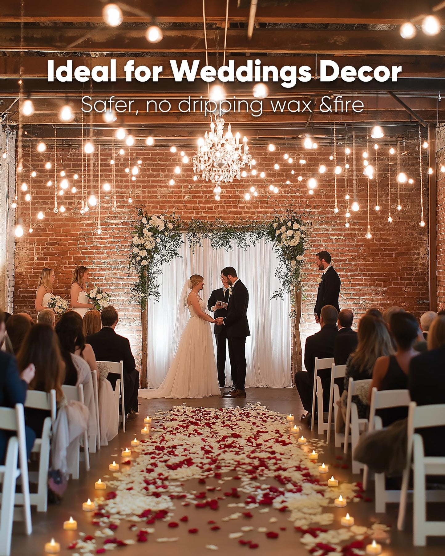 Romantic vintage wedding aisle with rose petal LED candles lining aisle, exposed brick wall, warm string lights, velvet.