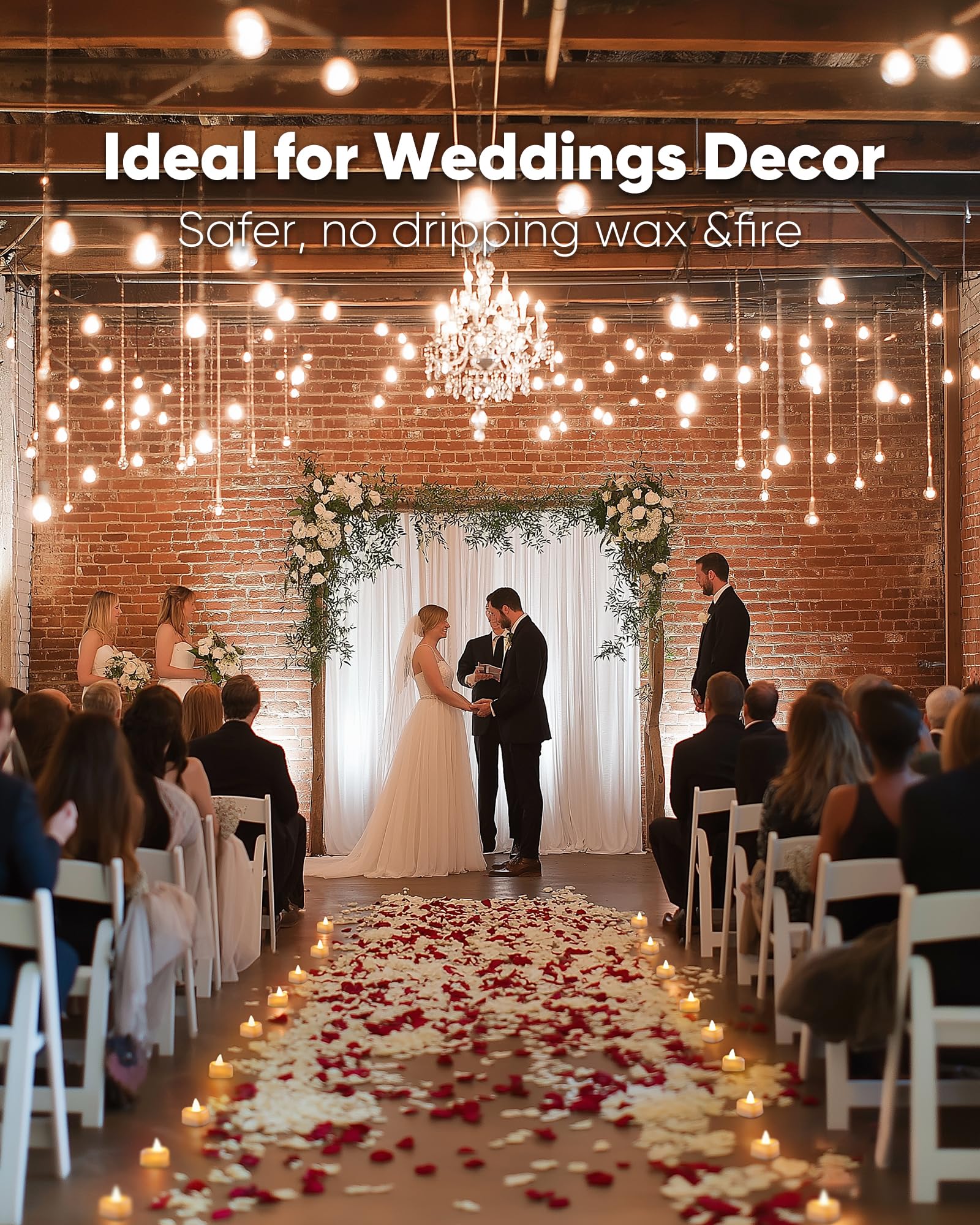 Romantic vintage wedding aisle with rose petal LED candles lining aisle, exposed brick wall, warm string lights, velvet.